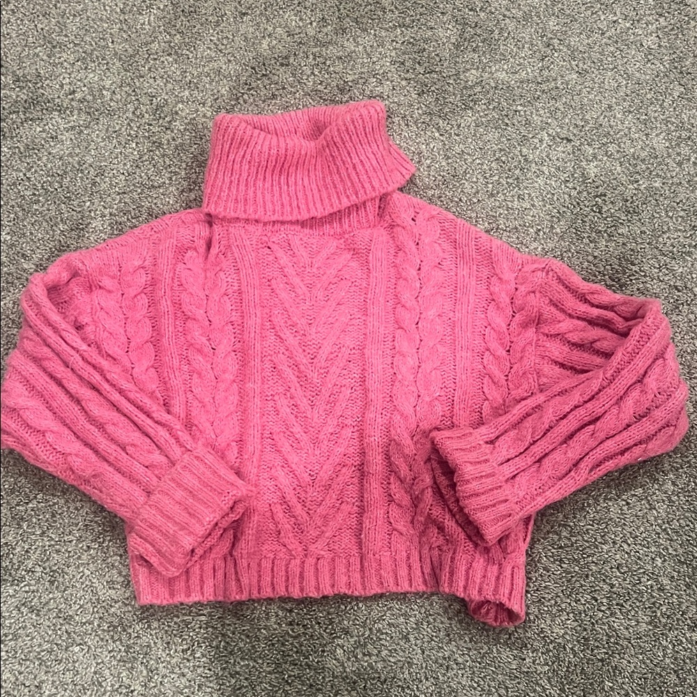 Classic Pink Cable Knit Turtleneck Sweater